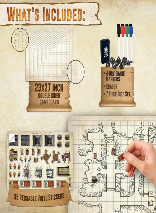 Melee Mats مجموعة خرائط بداية لعبة الاشتباك المباشر DND - 23 بوصة × 27 بوصة، وجهان، قابلة للمسح الجاف والرطب، شبكة تضاريس معركة لألعاب Dungeons and Dragons - مجموعة ألعاب لوحية مع ملحقات - Image 2